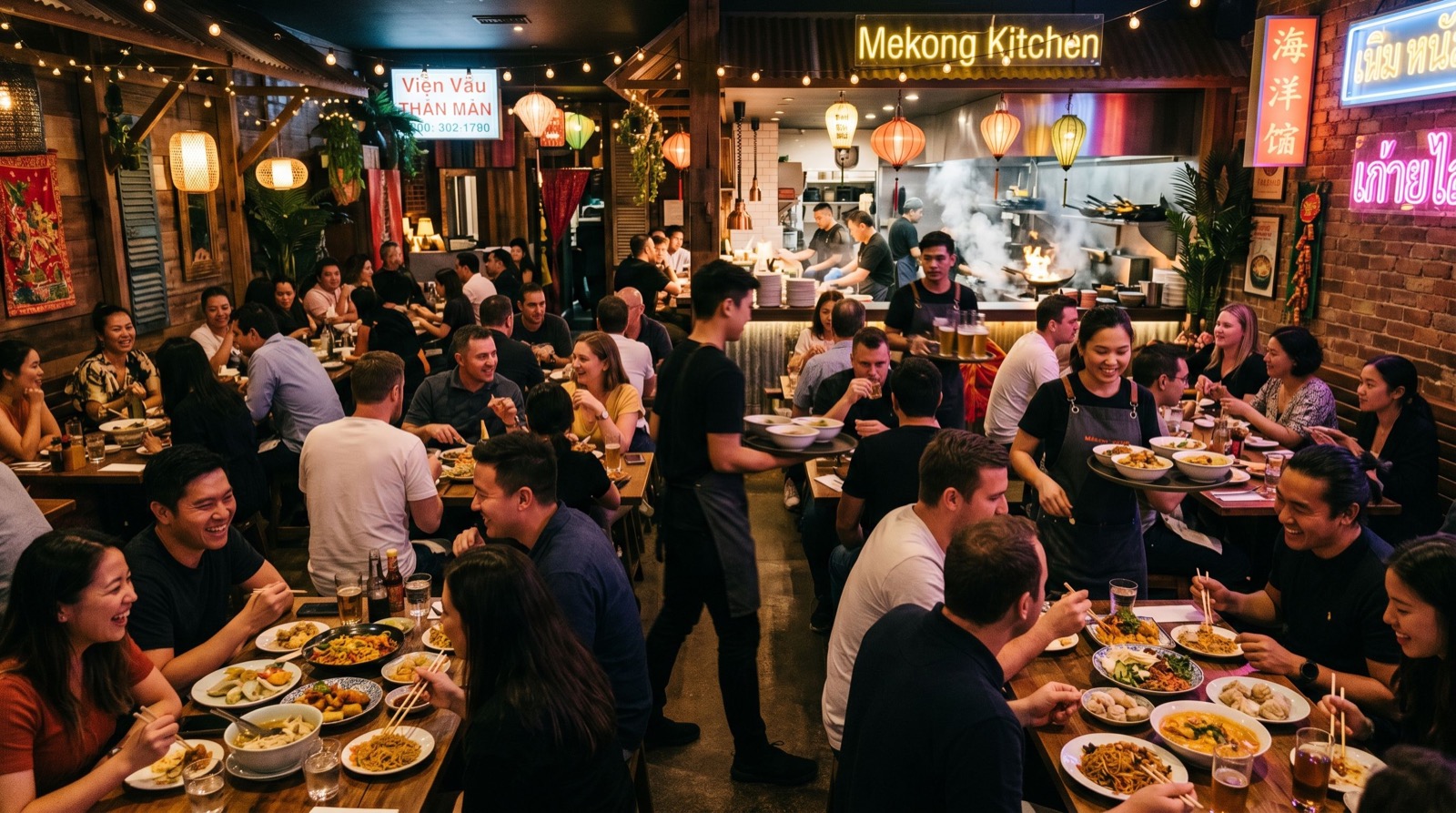 A couple choosing a restaurant in a lively dining district