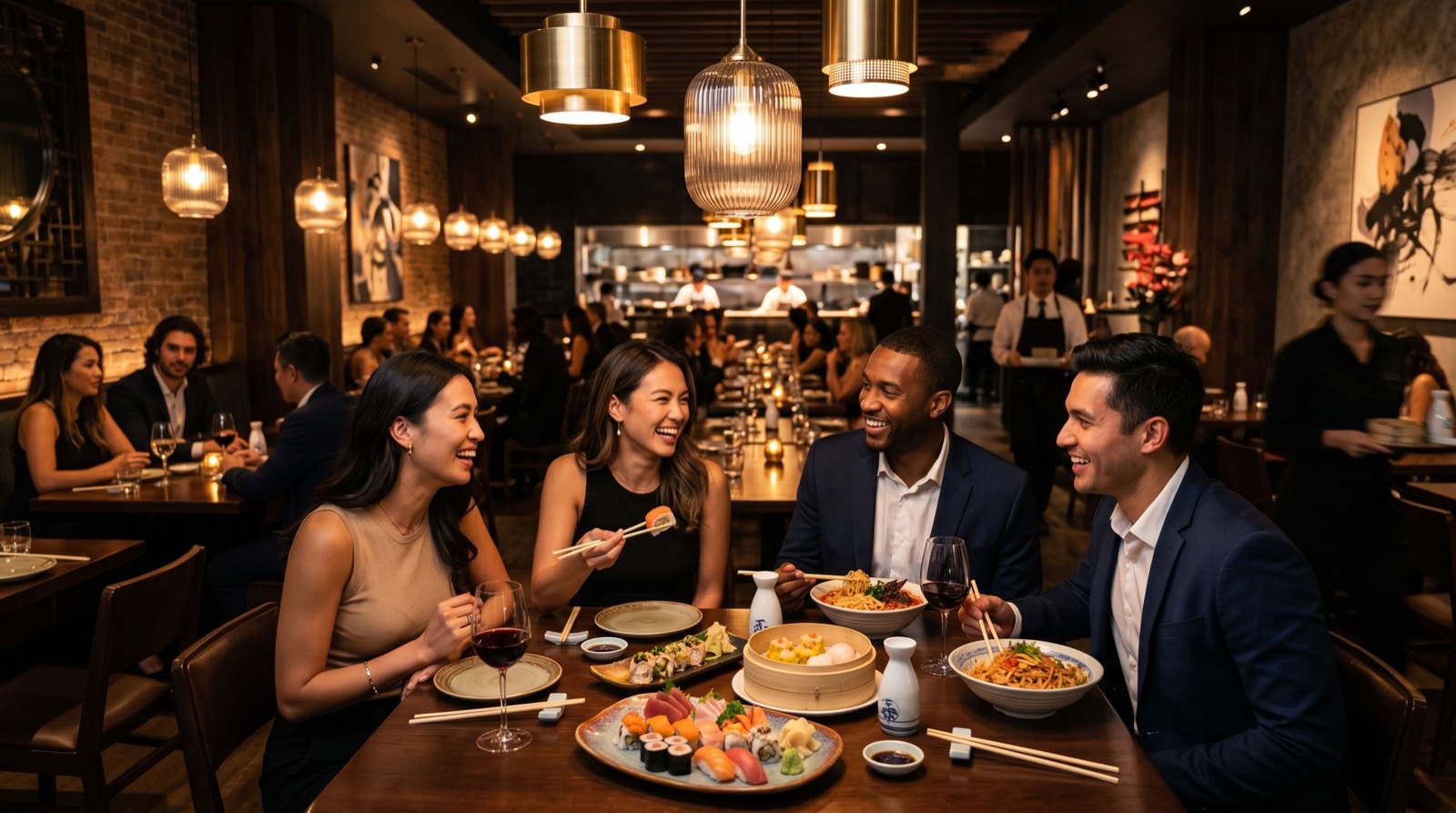 Elegant pan-Asian restaurant interior during dinner service